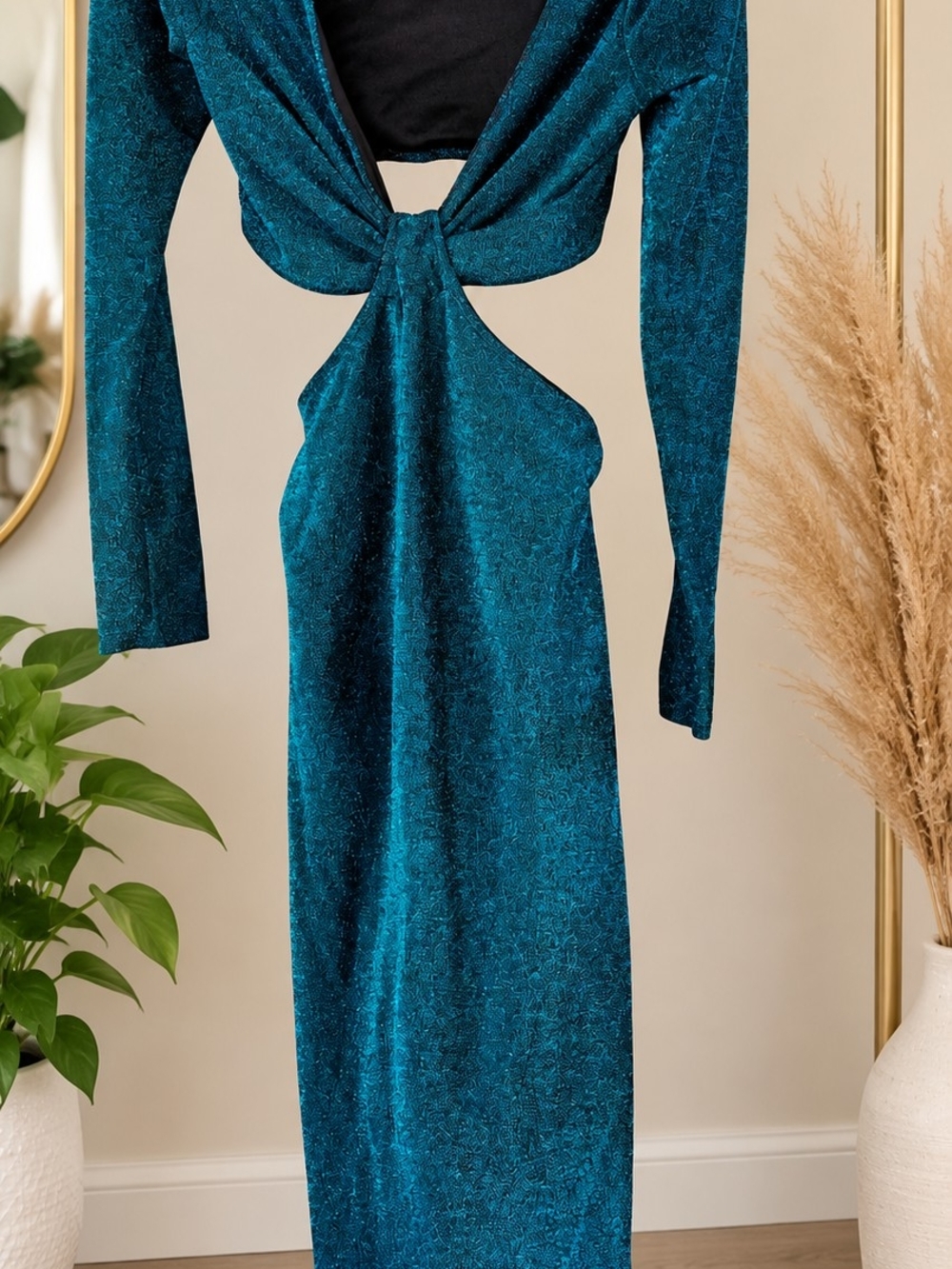 Lulu's Teal Long Sleeve Cutout Maxi Dress